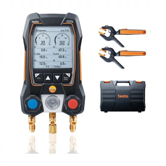 Testo 550s Akıllı Dijital Manifold Seti – 2 Yollu, Bluetooth, 2 Kablosuz Kıskaçlı Termometre (Testo 115i), −1…60 bar (0564 5502)