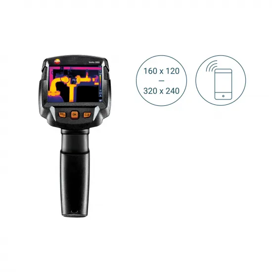 Testo 868 Termal Kamera – 160×120 (SuperResolution 320×240), 80 mK, −30…+650 °C, WLAN App Bağlantılı, 5 MP Dijital Kamera (0560 8681)
