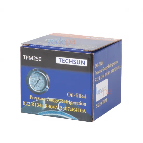 Techsun TPM250 Alçak Basınç Manometre Saati (Gliserinli) – R22, R134a, R404a, R407c Uyumlu