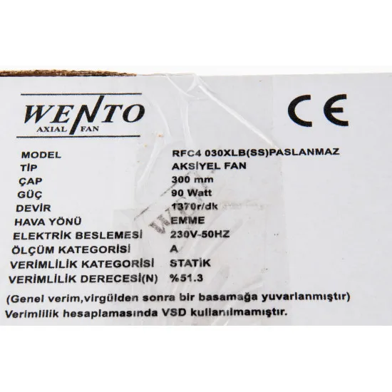 Wento RFC4-030 XLB (SS) 300 mm Paslanmaz Emici Aksiyel Fan – 1.370 Devir, 90W, 1.900 m³/h