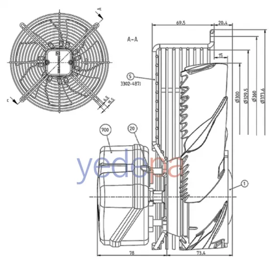 Ziehl-Abegg FN030-4EK.WA.V7 Aksiyal Fan - Almanya Üretimi, 230V, 300mm Fan Çapı, 2.020 m³/h Hava Debisi, 1290 RPM, Emme Yönlü - Art. 141667