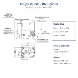 Zingfa QL52 Hermetik Kompresör – 2,5 HP, R404A, LBP, Monofaze 220 V, 2.069 W