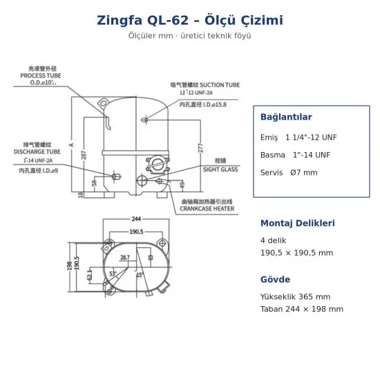 Zingfa QL62 Hermetik Kompresör – 3 HP, R404A, LBP, Monofaze 220 V, 2.708 W