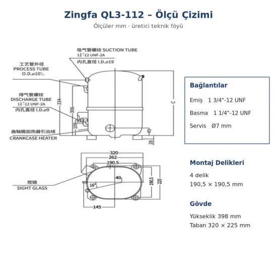 Zingfa QL3-112 Hermetik Kompresör – 5 HP, R404A, LBP, Trifaze 380 V, 4.350 W