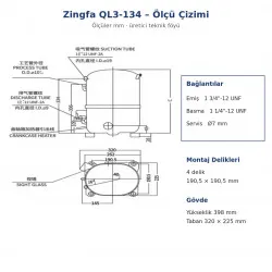 Zingfa QL3-134 Hermetik Kompresör – 7 HP, R404A, LBP, Trifaze 380 V, 5.520 W