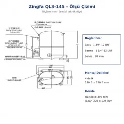 Zingfa QL3-145 Hermetik Kompresör – 8 HP, R404A, LBP, Trifaze 380 V, 5.980 W