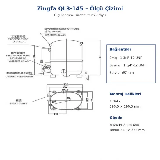 Zingfa QL3-145 Hermetik Kompresör – 8 HP, R404A, LBP, Trifaze 380 V, 5.980 W