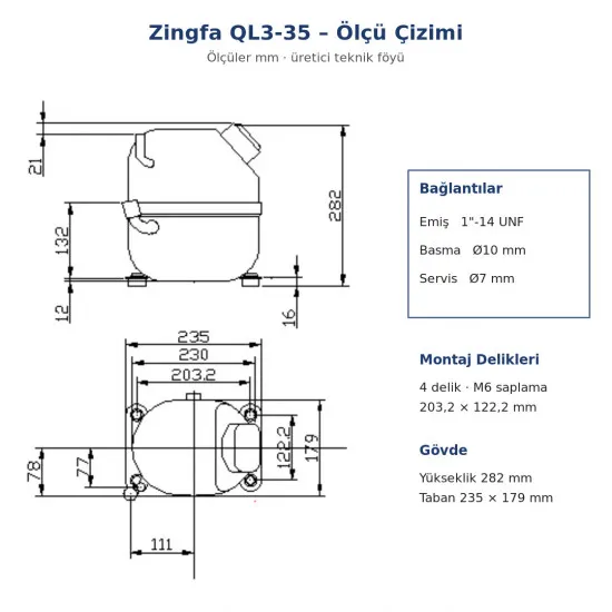 Zingfa QL3-35 Hermetik Kompresör – 1.5 HP, R404A, LBP, Trifaze 400 V, 1.600 W