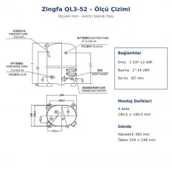 Zingfa QL3-52 Hermetik Kompresör – 2,5 HP, R404A, LBP, Trifaze 380 V, 2.069 W