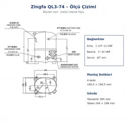 Zingfa QL3-74 Hermetik Kompresör – 3 HP, R404A, LBP, Trifaze 380 V, 3.156 W