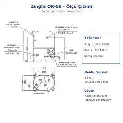 Zingfa QR58 Hermetik Kompresör – 2,5 HP, R404A, Monofaze 220 V, 7.967 W