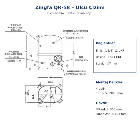 Zingfa QR58 Hermetik Kompresör – 2,5 HP, R404A, Monofaze 220 V, 7.967 W