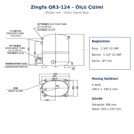 Zingfa QR3-124 Hermetik Kompresör – 6 HP, R404A, Trifaze 380 V, 16.650 W