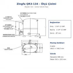 Zingfa QR3-134 Hermetik Kompresör – 7 HP, R404A, Trifaze 380 V, 18.230 W