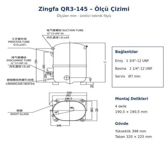 Zingfa QR3-145 Hermetik Kompresör – 8 HP, R404A, Trifaze 380 V, 20.220 W