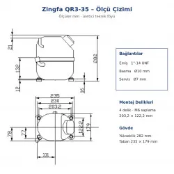 Zingfa QR3-35 Hermetik Kompresör – 1.5 HP, R404A, Trifaze 380 V, 5.030 W