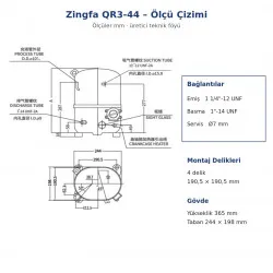 Zingfa QR3-44 Hermetik Kompresör – 2 HP, R404A, Trifaze 380 V, 5.977 W