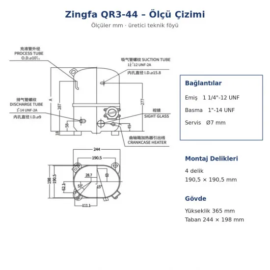 Zingfa QR3-44 Hermetik Kompresör – 2 HP, R404A, Trifaze 380 V, 5.977 W