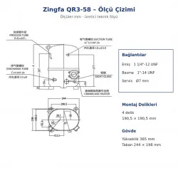 Zingfa QR3-58 Hermetik Kompresör – 2,5 HP, R404A, Trifaze 380 V, 7.967 W