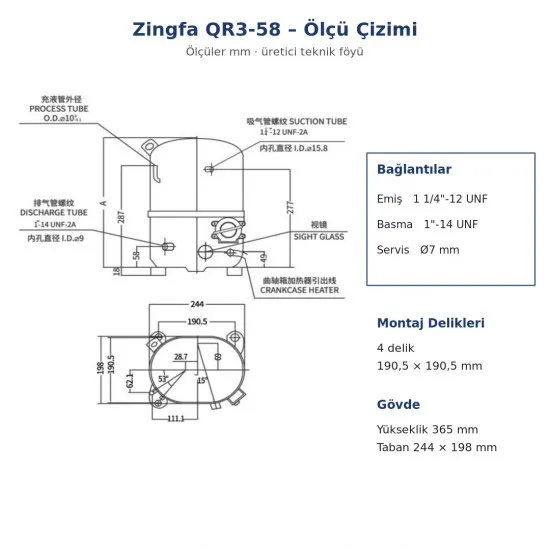 Zingfa QR3-58 Hermetik Kompresör – 2,5 HP, R404A, Trifaze 380 V, 7.967 W