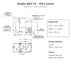 Zingfa QR3-74 Hermetik Kompresör – 3 HP, R404A, Trifaze 380 V, 9.984 W
