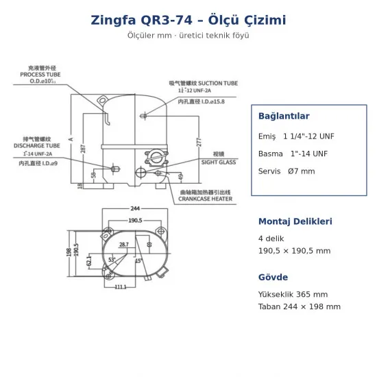 Zingfa QR3-74 Hermetik Kompresör – 3 HP, R404A, Trifaze 380 V, 9.984 W