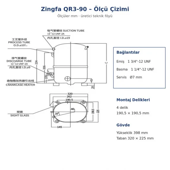 Zingfa QR3-90 Hermetik Kompresör – 4 HP, R404A, Trifaze 380 V, 11.300 W